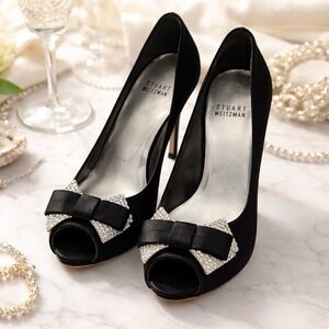 Stuart Weitzman Black Satin Peep Toe Heels Bows Rhinestones Shoes Sz 7.5 Formal